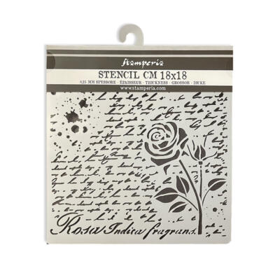 Stencil grueso 18X18cm Rose Parfum manuscrito con rosa