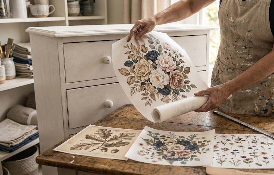 Transfer de flores para muebles: qué marcas tienen los diseños más completos y cómo elegir el motivo 1 Flat lay con cuatro láminas de transfer floral de diferentes estilos: rosas románticas, botánico, flores silvestres e ilustración vintage