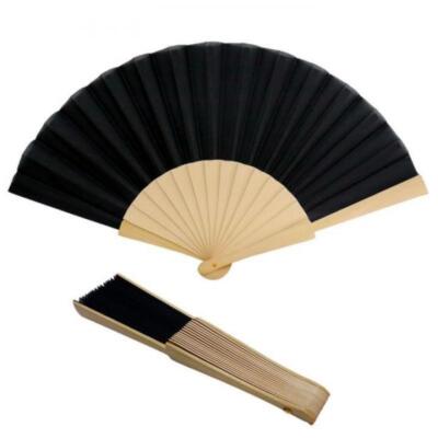 Abanico De Polyester Negro Y Madera Natural