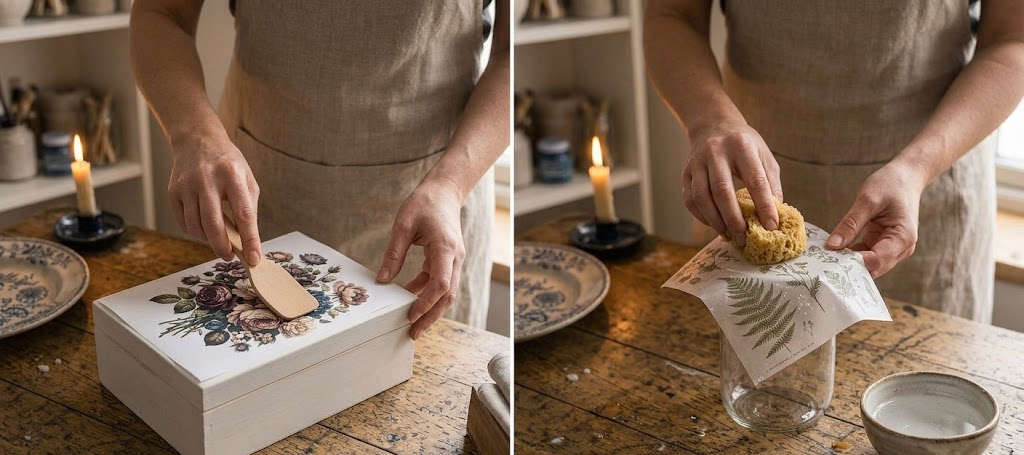 Rub-on transfer vs transfer con agua: cuál es más fácil, cuál dura más y cuándo compensa cada uno 1 Comparativa lado a lado de rub-on transfer con espátula sobre caja blanca y transfer H2O con esponja húmeda sobre tarro de cristal