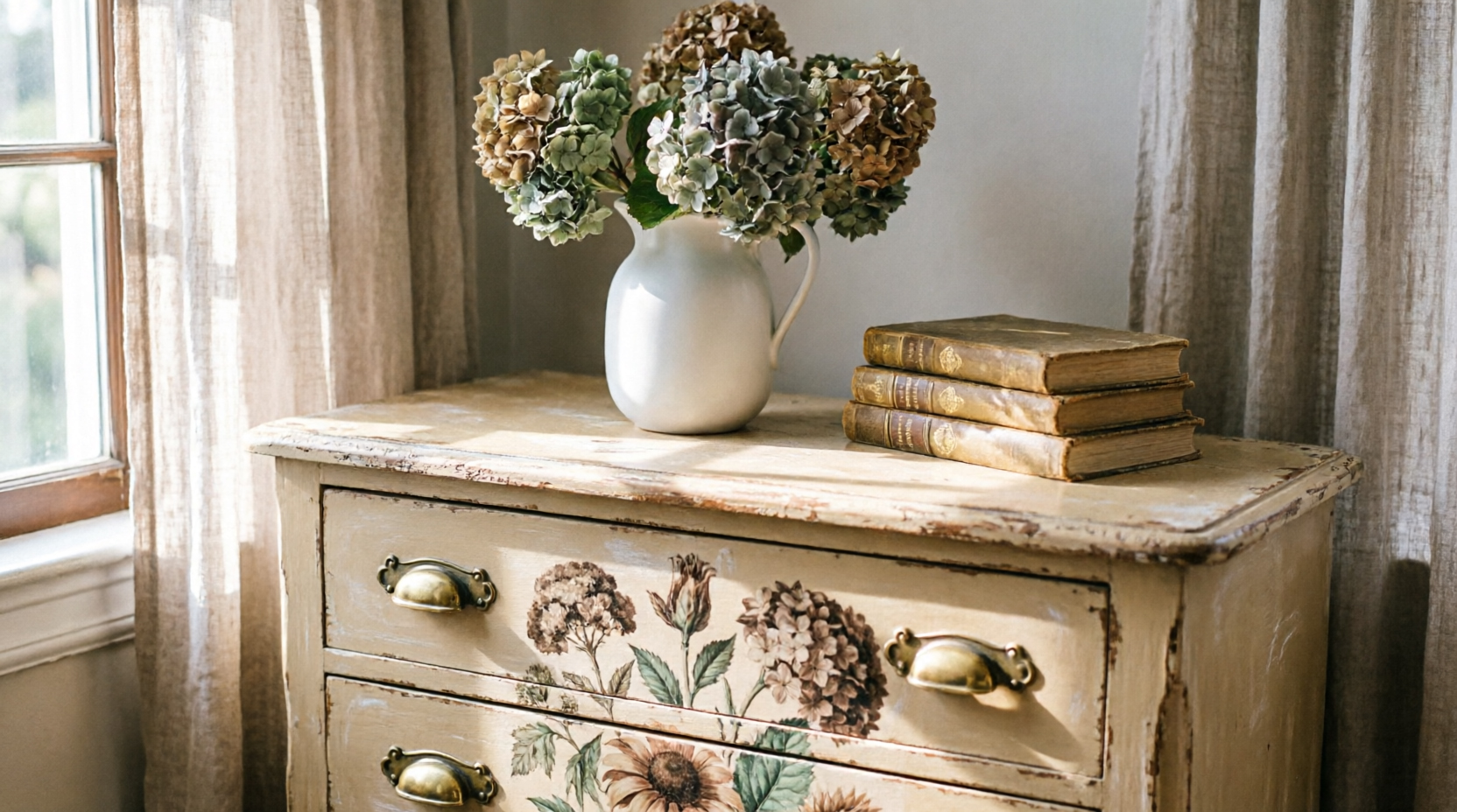 Estilo vintage en casa con transfers: qué muebles, qué superficies y qué diseños funcionan mejor 1 Cómoda de estilo vintage con transfers botánicos de hortensias y girasoles en los cajones, con jarra de hortensias secas y libros antiguos encima
