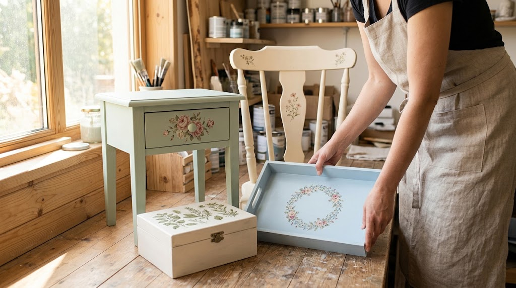 Ideas para decorar muebles con transfer: 12 proyectos sencillos para empezar esta semana 1 Taller con una mesita verde, una silla blanca, una caja de madera y una bandeja azul decoradas con transfers de flores