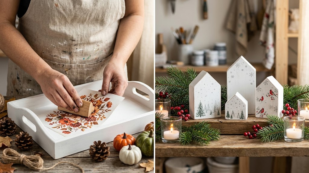 Manualidades de decoración de Navidad y otoño con transfer: proyectos de temporada para tu casa 1 Bandeja blanca con transfer de otoño y casitas de madera con transfer navideño entre velas y ramas de abeto