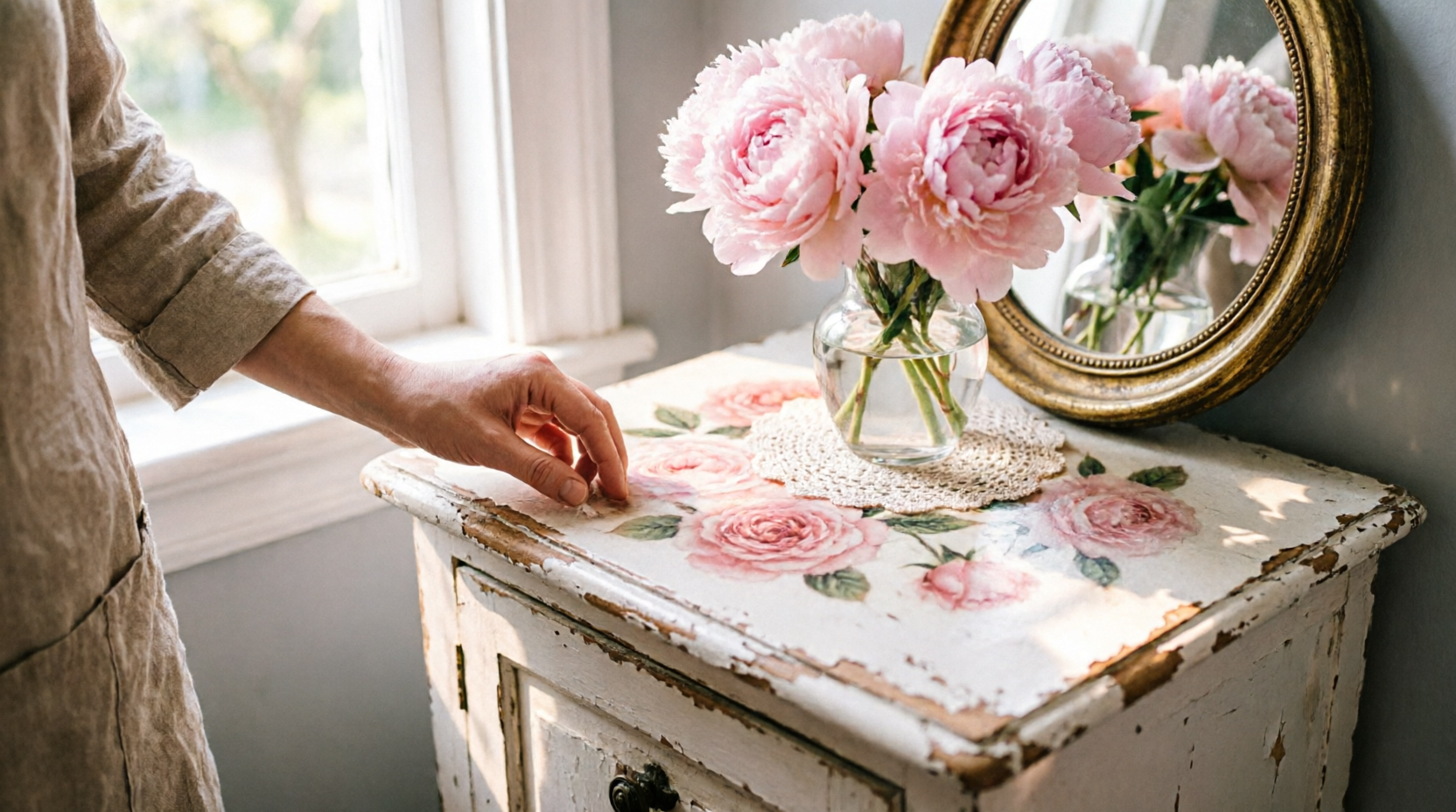 Decoración shabby chic con transfer de flores: combinaciones que funcionan 1 Mano colocando un transfer de rosas rosas sobre una mesita shabby chic de pintura desgastada, con un jarrón de peonías y un espejo dorado