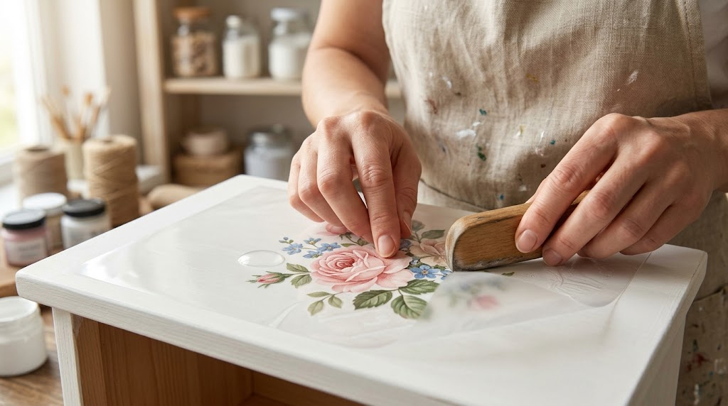 Transfer con burbujas: por qué pueden aparecer y cómo corregirlas 1 Manos presionando con una espátula de madera un transfer de rosas sobre una mesita blanca, con una burbuja de aire visible bajo la lámina