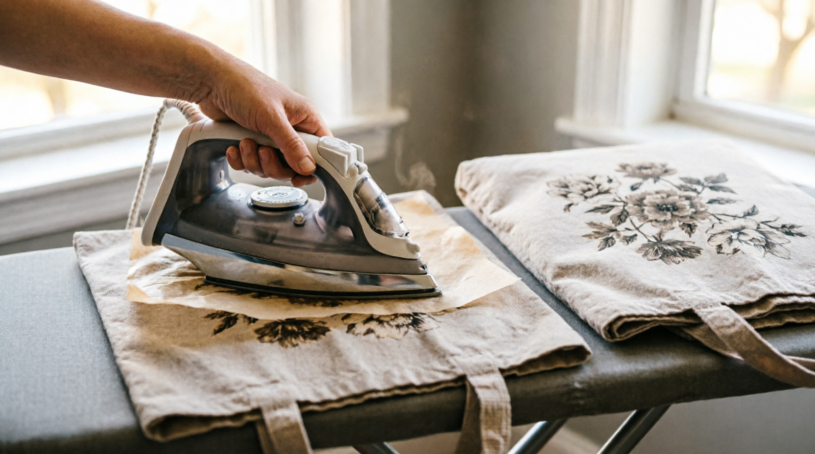 Transfer en tela que se pela al lavar: causas, temperatura correcta y cómo fijarlo para que dure 1 Planchando con papel de horno un transfer sobre una bolsa de tela de lino, junto a otra bolsa ya decorada con flores