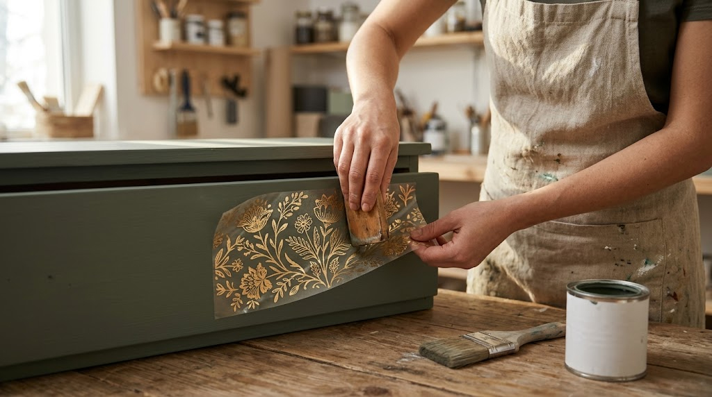 Cómo combinar transfers metalizados y chalk paint en un mueble 1 Aplicando con una espátula de madera un transfer metalizado dorado de flores sobre el frente de un cajón pintado de verde con chalk paint