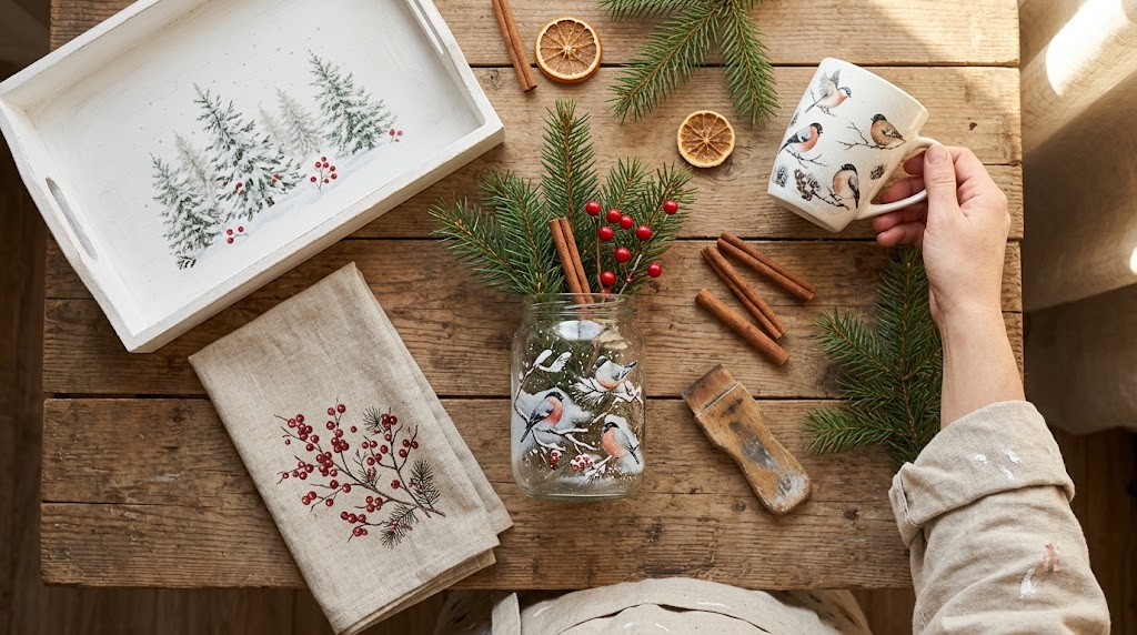 Guía completa de transfers para proyectos navideños: opciones por superficie y tipo de diseño 1 Bandeja blanca con pinos nevados, taza y tarro de cristal con transfer de pájaros y servilleta de lino con bayas rojas sobre una mesa de madera