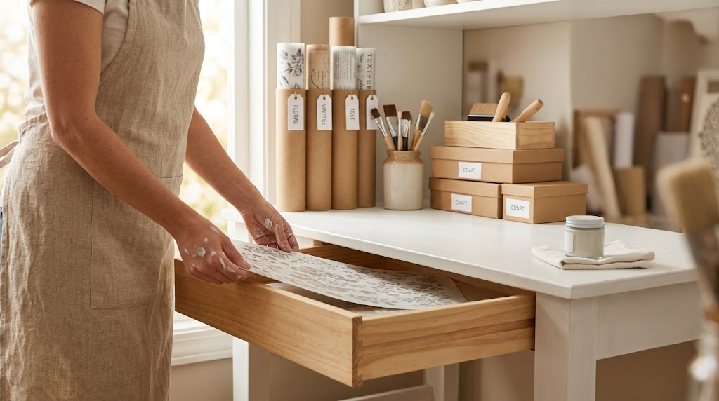 Zona de manualidades en casa: cómo organizar tu material para trabajar con transfers 1 Guardando una lámina de transfer plana en un cajón de madera junto a tubos de cartón etiquetados, pinceles y cajas